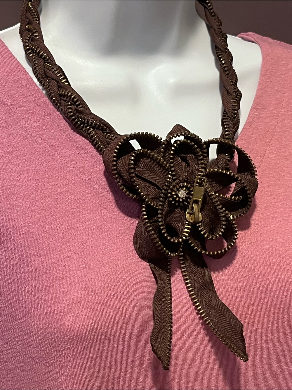 Chocolate Brown Zipper Flower Statement Necklace - Women Accessories